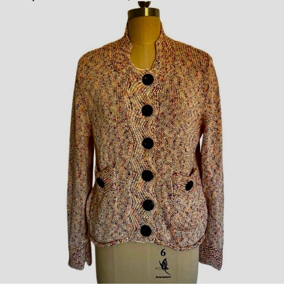 Pure Handknit Anthropologie Chunky Cotton Cardigan Beige multi Crop Sweater S M - Picture 3 of 9